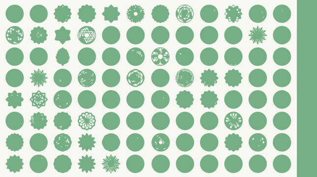 Colecci&oacute;n de iconos circulares de color verde salvia con diversos patrones geom&eacute;tricos y texturas decorativas dispuestos en una cuadr&iacute;cula sobre un fondo blanco limpio