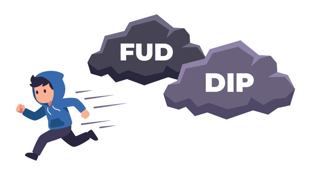 Man running away from FUD and DIP clouds, representing fear, uncertainty, and doubt in finance.