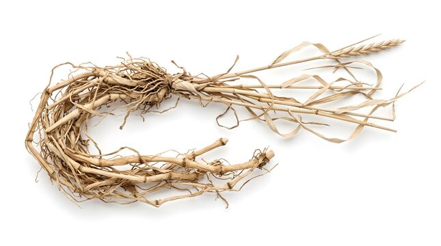 Whole Dried Couch Grass Elymus Repens Medicinal Herb with Extensive Rhizomes and Roots Isolated on White Background