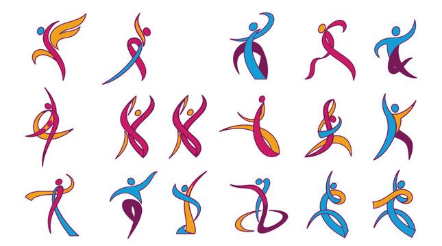 Eine Sammlung von abstrakten menschlichen Figuren in dynamischen Tanzposen, gestaltet als stilisierte bunte B&auml;nder in Blau, Magenta und Orange auf einem sauberen wei&szlig;en Hintergrund.