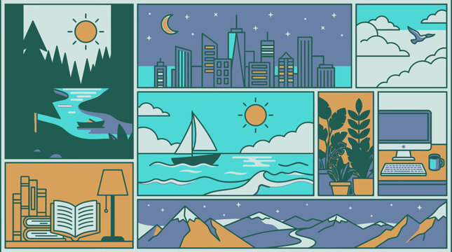 Colecci&oacute;n de ilustraciones vectoriales en estilo lineal que muestran diversos paisajes, escenas urbanas, naturaleza, actividades de ocio y elementos de oficina en un dise&ntilde;o de cuadr&iacute;cula moderna.