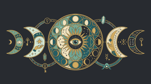 Dekorative Illustration mit Mondphasen, einem zentralen allsehenden Auge und mystischen Symbolen in einem eleganten, esoterischen Design auf einem dunklen Hintergrund.
