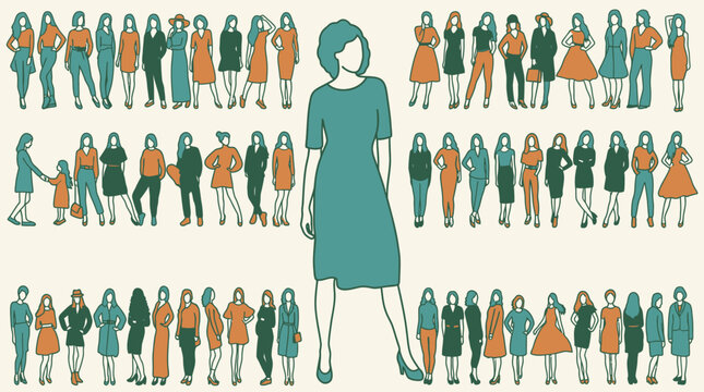 Illustration vectorielle d'un grand groupe de femmes diverses repr&eacute;sent&eacute;es dans un style graphique minimaliste avec des tons orange et bleu sarcelle sur fond clair.
