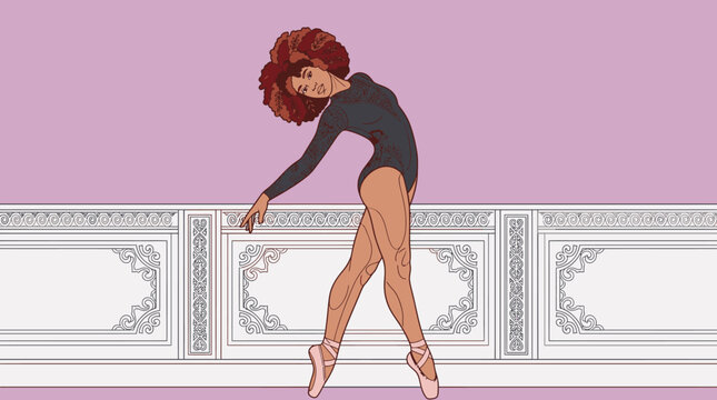 Eine elegante Ballerina mit Afro-Frisur in einem schwarzen Trikot tanzt anmutig vor einer klassischen Wandverkleidung in einer k&uuml;nstlerischen Illustration
