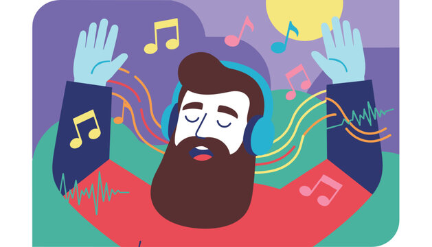 Bearded man wears headphones and closes his eyes while getting lost in his favorite music, surrounded by colorful floating musical note symbols.