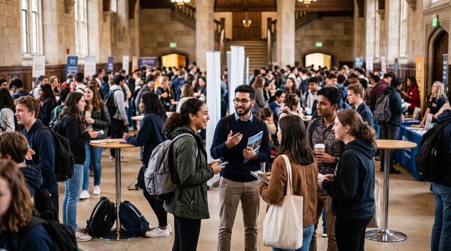 Diverse group of young adults networking and conversing at a university career fair or recruitment event