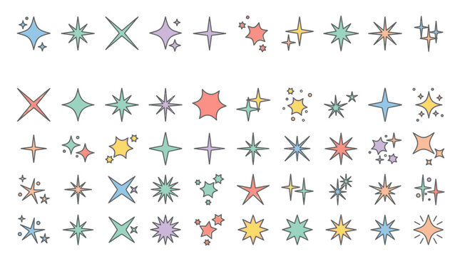 Eine umfangreiche Sammlung von bunten Sternen- und Funkel-Symbolen im flachen Design-Stil, ideal f&uuml;r dekorative Grafiken, UI-Elemente und kreative Illustrationen auf wei&szlig;em Hintergrund.