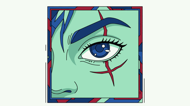 Stilisierte Nahaufnahme eines menschlichen Auges mit einer markanten Narbe unter dem Auge im Comic-Stil mit kr&auml;ftigen Linien und einer mintgr&uuml;nen Farbpalette