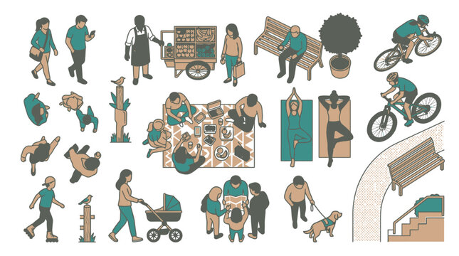 Conjunto de ilustraciones isom&eacute;tricas de personas en un parque urbano realizando diversas actividades cotidianas como caminar, andar en bicicleta, hacer yoga, pasear al perro y hacer un picnic.