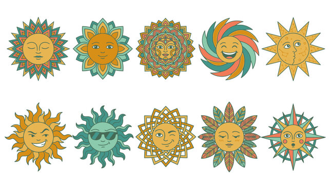 Conjunto de diez iconos de sol con caras expresivas en estilo retro bohemio, con dise&ntilde;os ornamentados, mandalas y elementos celestiales coloridos sobre un fondo blanco aislado
