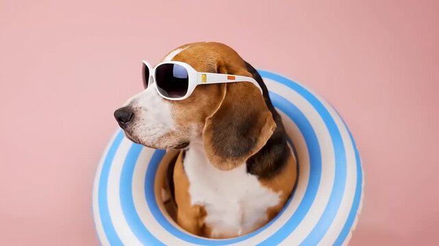 A beagle dog wearing sunglasses in a striped pool float.