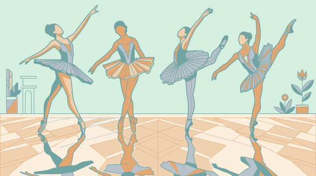 Une illustration vectorielle &eacute;l&eacute;gante repr&eacute;sentant quatre danseuses de ballet en tutu effectuant des mouvements gracieux sur une sc&egrave;ne avec des reflets au sol dans un style artistique moderne.