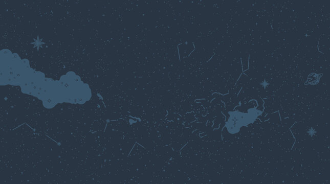 Ein dunkelblauer Hintergrund mit illustrierten Sternbildern, Planeten und abstrakten Wolkenformationen im minimalistischen Stil f&uuml;r kreative Designprojekte.