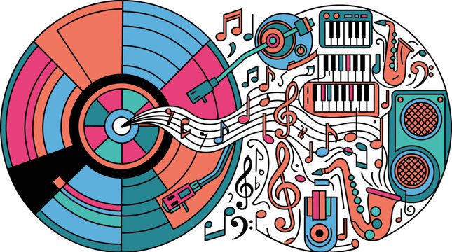 Ilustraci&oacute;n creativa de estilo retro con un disco de vinilo, tocadiscos, instrumentos musicales como saxof&oacute;n y teclado, y notas musicales flotantes en un dise&ntilde;o colorido y art&iacute;stico.