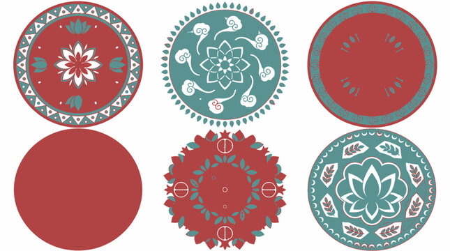 Conjunto de seis elementos gr&aacute;ficos circulares com padr&otilde;es ornamentais, mandalas florais e designs geom&eacute;tricos em tons de vermelho e azul-petr&oacute;leo para projetos decorativos.