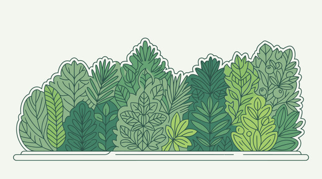 Ilustra&ccedil;&atilde;o vetorial de uma borda decorativa com folhagens tropicais e plantas verdes variadas, apresentando um design plano e estilizado com contornos n&iacute;tidos sobre um fundo claro.