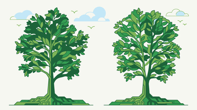 Illustration vectorielle de deux arbres feuillus stylis&eacute;s avec des racines visibles, des nuages et des oiseaux en arri&egrave;re-plan, parfaits pour des projets de design &eacute;cologique.