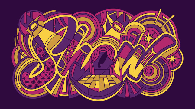 Ilustra&ccedil;&atilde;o vetorial estilizada com a palavra Show escrita em tipografia cursiva vibrante, cercada por elementos gr&aacute;ficos de palco, holofotes e padr&otilde;es geom&eacute;tricos em tons de roxo e amarelo.