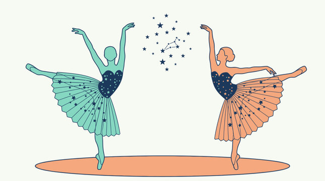 Ilustra&ccedil;&atilde;o vetorial elegante de duas bailarinas dan&ccedil;ando com tutus coloridos e detalhes de estrelas celestiais em um palco, capturando a beleza e a graciosidade do bal&eacute; cl&aacute;ssico.