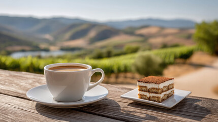 Obraz premium A delicious tiramisu and a steaming cup of coffee are set against a picturesque backdrop of rolling hills and vineyards, creating a perfect moment of relaxation and indulgence