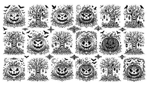 Collection of eighteen spooky Halloween jack-o-lantern pumpkins and haunted dead trees with bats owls and skulls coloring page design