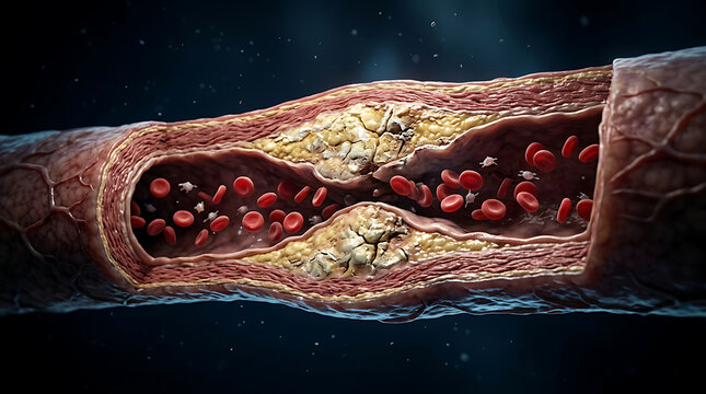 High-Resolution Cross-Sectional Illustration of an Artery Blocked by Cholesterol Plaque and Blood Clots
