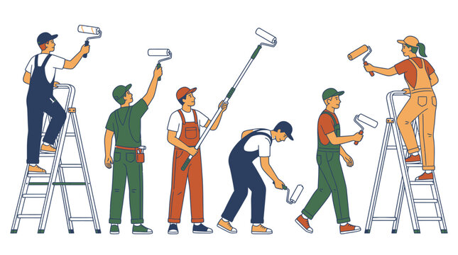 Ilustraci&oacute;n vectorial de un grupo de pintores profesionales con uniformes de trabajo y rodillos, realizando tareas de pintura en paredes y techos, aislados sobre un fondo blanco.