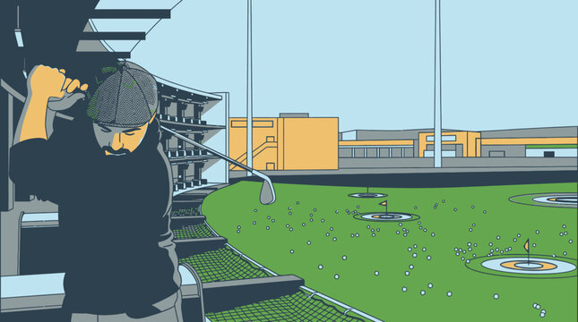 Ilustraci&oacute;n vectorial de un golfista masculino practicando su swing en un campo de pr&aacute;cticas moderno con objetivos circulares en el c&eacute;sped bajo un cielo despejado durante el d&iacute;a.