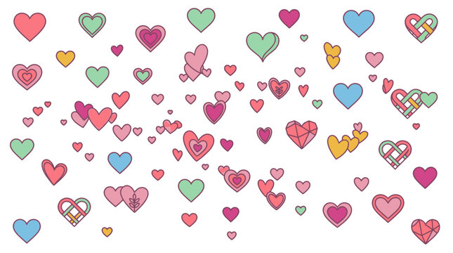 Patr&oacute;n de fondo sin costuras compuesto por una variedad de corazones coloridos dibujados al estilo doodle sobre un fondo blanco limpio, ideal para dise&ntilde;os rom&aacute;nticos y festivos.