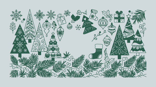 Festliche gr&uuml;ne Weihnachtselemente wie Tannenb&auml;ume, Schneeflocken und Ornamente bilden eine dekorative Umrandung auf hellgrauem Hintergrund, ideal f&uuml;r winterliche Designs und Gru&szlig;karten.