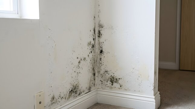 Black mold growth on house wall from water damage in a residential room