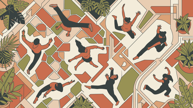 Ilustra&ccedil;&atilde;o vetorial plana de pessoas dan&ccedil;ando e se movendo livremente em um padr&atilde;o geom&eacute;trico abstrato com elementos bot&acirc;nicos e cores terrosas suaves para design criativo.