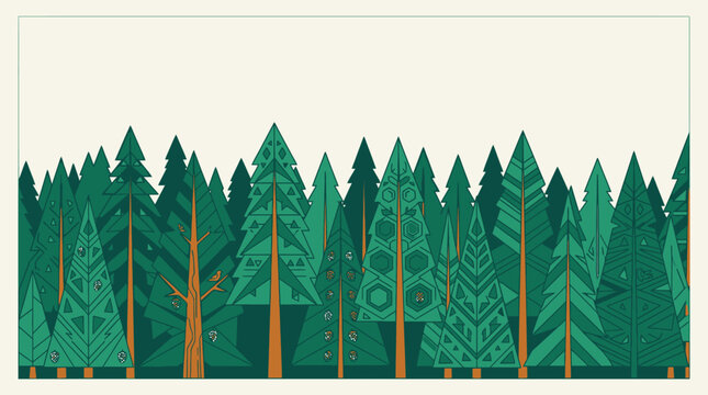 Illustration vectorielle d'une for&ecirc;t de conif&egrave;res stylis&eacute;e avec des motifs g&eacute;om&eacute;triques sur fond clair, id&eacute;ale pour des designs de nature, des cartes de v&oelig;ux ou des projets cr&eacute;atifs.