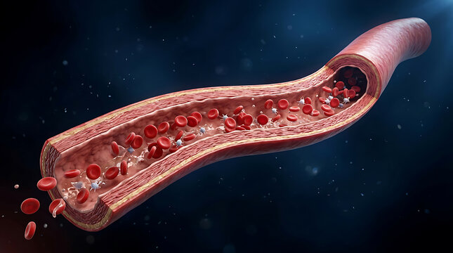 detailed digital illustration of a blood vessel with circulating red blood cells flowing through it in a scientific
