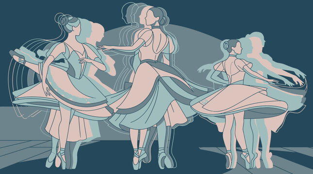 Ilustra&ccedil;&atilde;o estilizada de bailarinas em movimento com efeito de rastro, capturando a eleg&acirc;ncia e a fluidez da dan&ccedil;a cl&aacute;ssica em uma composi&ccedil;&atilde;o art&iacute;stica com tons suaves de azul e rosa.