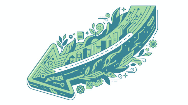 Ilustraci&oacute;n vectorial de una flecha estilizada que integra elementos de tecnolog&iacute;a digital, circuitos, naturaleza y arquitectura urbana en una composici&oacute;n art&iacute;stica moderna y creativa.