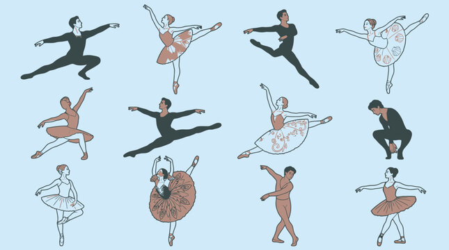 Eine Sammlung von zw&ouml;lf illustrierten Ballettt&auml;nzern und Ballerinen in verschiedenen anmutigen Posen und klassischen Tanzbewegungen auf einem hellblauen Hintergrund