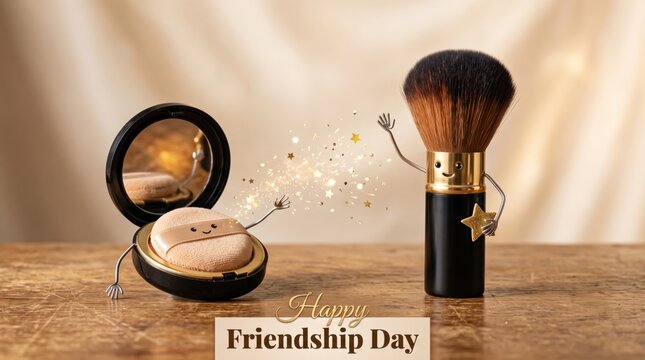 Anthropomorphic makeup brush and powder compact with faces waving at each other surrounded by floating gold glitter particles on a wooden table with a soft beige fabric background for friendship day