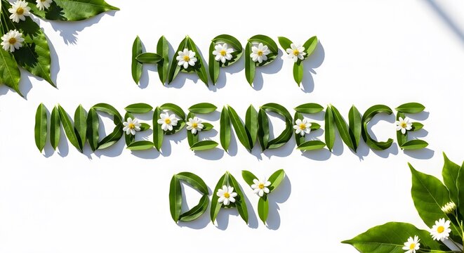 Happy independence day typography with leaves and daisy flowers