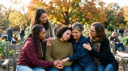 Fototapeta premium Diverse group of women offering comfort and support to a distressed friend in an autumn park setting