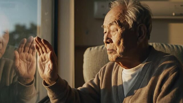 Lonely Senior Man Touching Window Glass with Nostalgic Expression