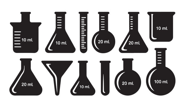 Set of laboratory glassware icons showing various measuring beakers flasks and test tubes.