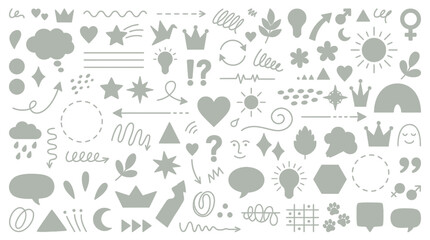 Fototapeta premium Conjunto de ícones desenhados à mão em estilo doodle, apresentando formas variadas como corações, estrelas, setas, balões de fala, coroas e elementos naturais em cinza sobre fundo branco.