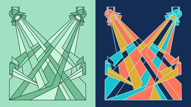 Ilustra&ccedil;&atilde;o vetorial de dois holofotes de palco cruzando feixes de luz, apresentada em uma vers&atilde;o monocrom&aacute;tica verde e uma vers&atilde;o colorida vibrante sobre fundo azul escuro.