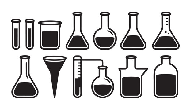 Laboratory glass vessels with liquid levels including beakers flasks and test tubes icons.