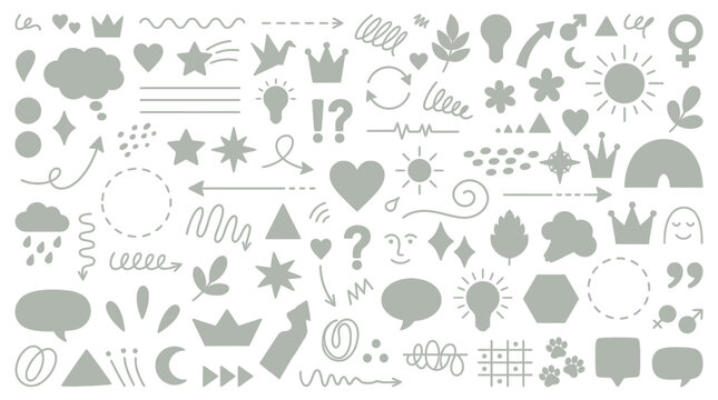 Conjunto de &iacute;cones desenhados &agrave; m&atilde;o em estilo doodle, apresentando formas variadas como cora&ccedil;&otilde;es, estrelas, setas, bal&otilde;es de fala, coroas e elementos naturais em cinza sobre fundo branco.
