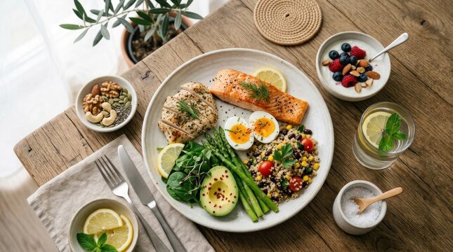 A beautifully arranged healthy meal sits on a rustic wooden table.