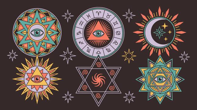 Eine Sammlung von okkulten und esoterischen Symbolen, darunter das Auge der Vorsehung, Sterne, Monde und geometrische Muster auf dunklem Hintergrund.