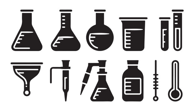 Laboratory science equipment icons collection featuring flasks and tools for experiments.