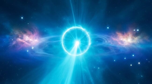 vibrant blue supernova star explosion with light rays in deep space, cosmic energy, nebula, interstellar travel, galaxy background